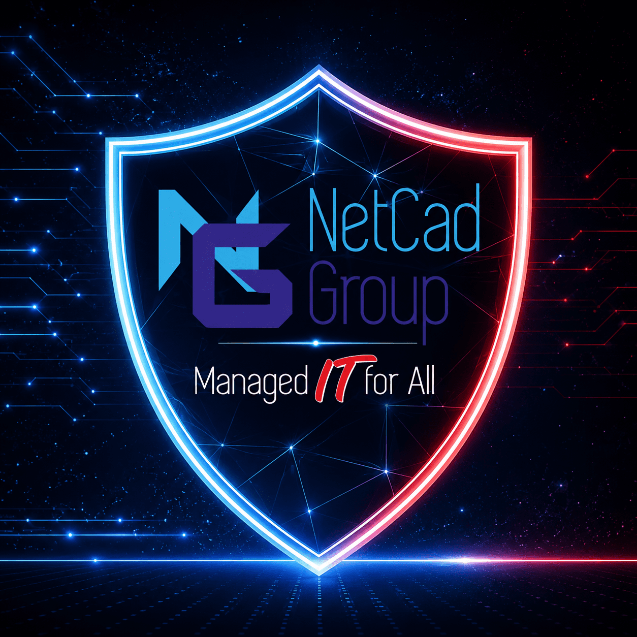 Neon shield with NetCad Group logo and the slogan 'Managed IT For All'.
