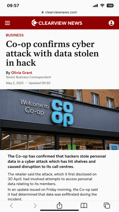 Co-op storefront with blue logo beside article about a cyberattack and data theft.