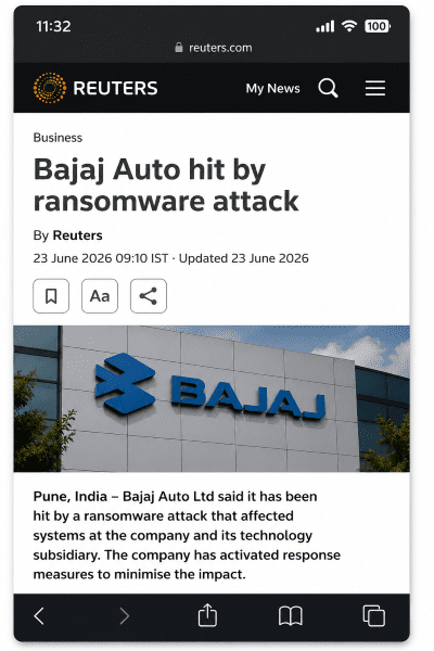 Reuters article page: 'Bajaj Auto hit by ransomware attack' by Reuters, 23 June 2026; below is a photo of a Bajaj building with its blue logo on a modern facade